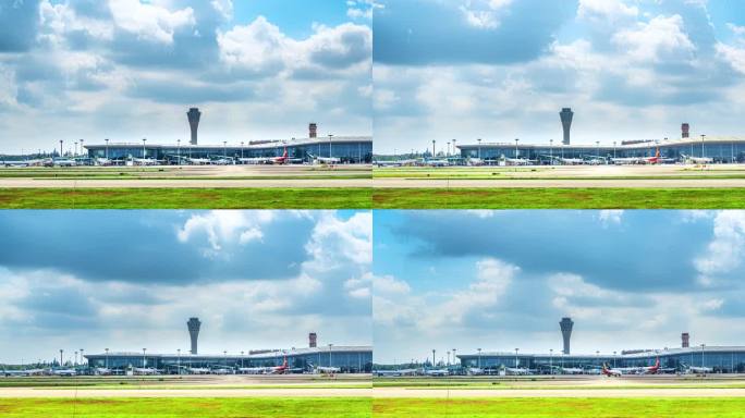 海南海口美兰国际机场蓝天白云下的时间延时