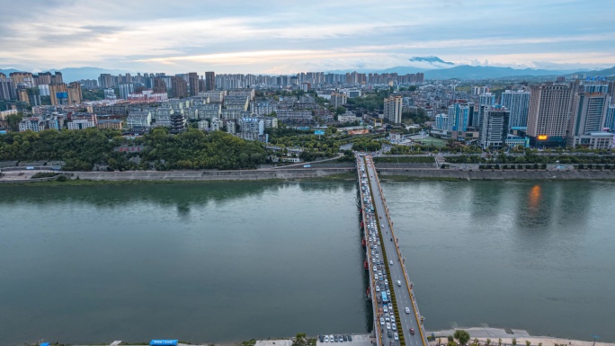 8K陕西安康汉江大桥城市天际线航拍延时