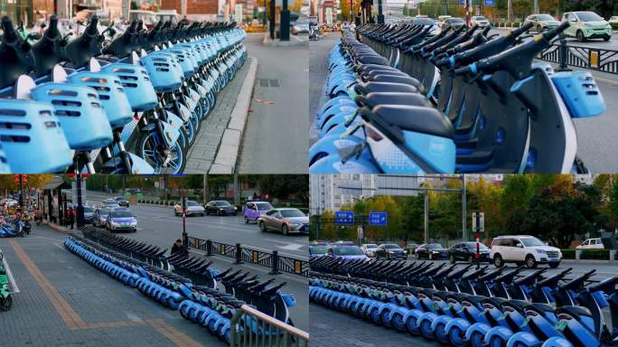 城市中摆放整齐的共享单车