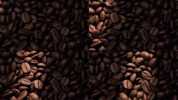 咖啡豆。阳光从右向左移动，显示了阴影中的烘焙咖啡豆。特写镜头