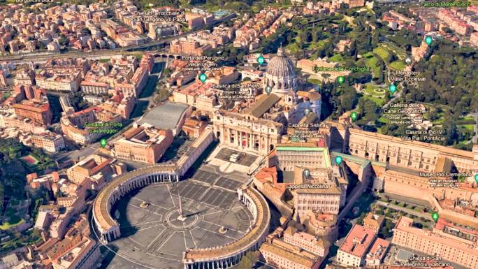 圣彼得瓦西里卡在梵蒂冈罗马意大利，地球应用程序鸟瞰图，图形动画媒体