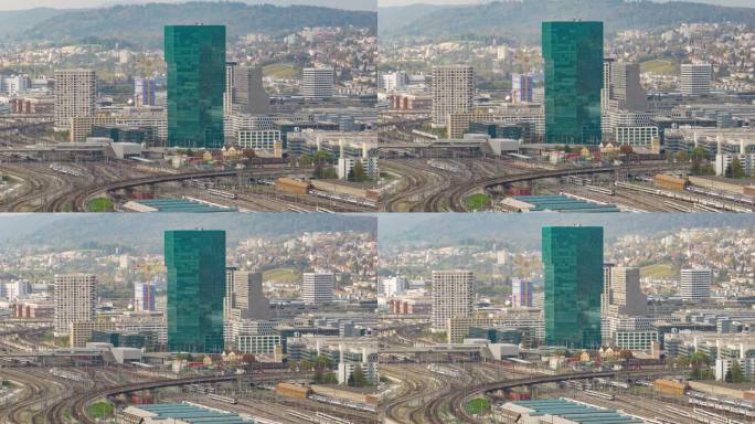 白天苏黎世市现代办公大楼火车站铁路公路航拍全景延时4k瑞士