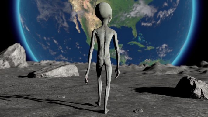 可怕的灰色外星人在月球表面行走。地球是可见的。UFO未来概念。3 d渲染。
