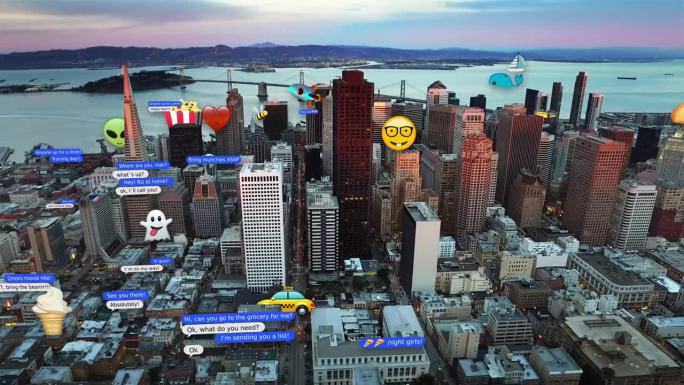 旧金山鸟瞰图加上几条短信和表情符号。所有的表情符号和文字都是我们创造和设计的。科幻航拍镜头和外星人动