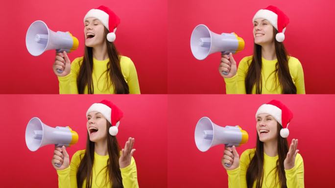 一个穿着毛衣，头戴圣诞老人帽的开朗的年轻女子在演播室的淡红色背景墙上，用扩音器尖叫着宣布出售。202