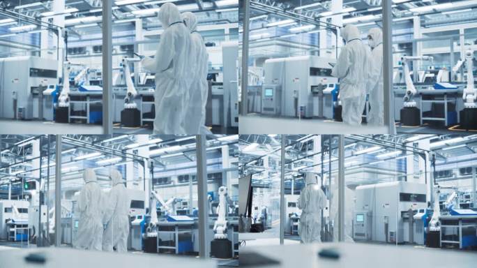 无菌的现代工厂:穿着工作服的专业人员在工厂里交谈。医疗电子制造实验室，配备数控机械和自动化机械臂