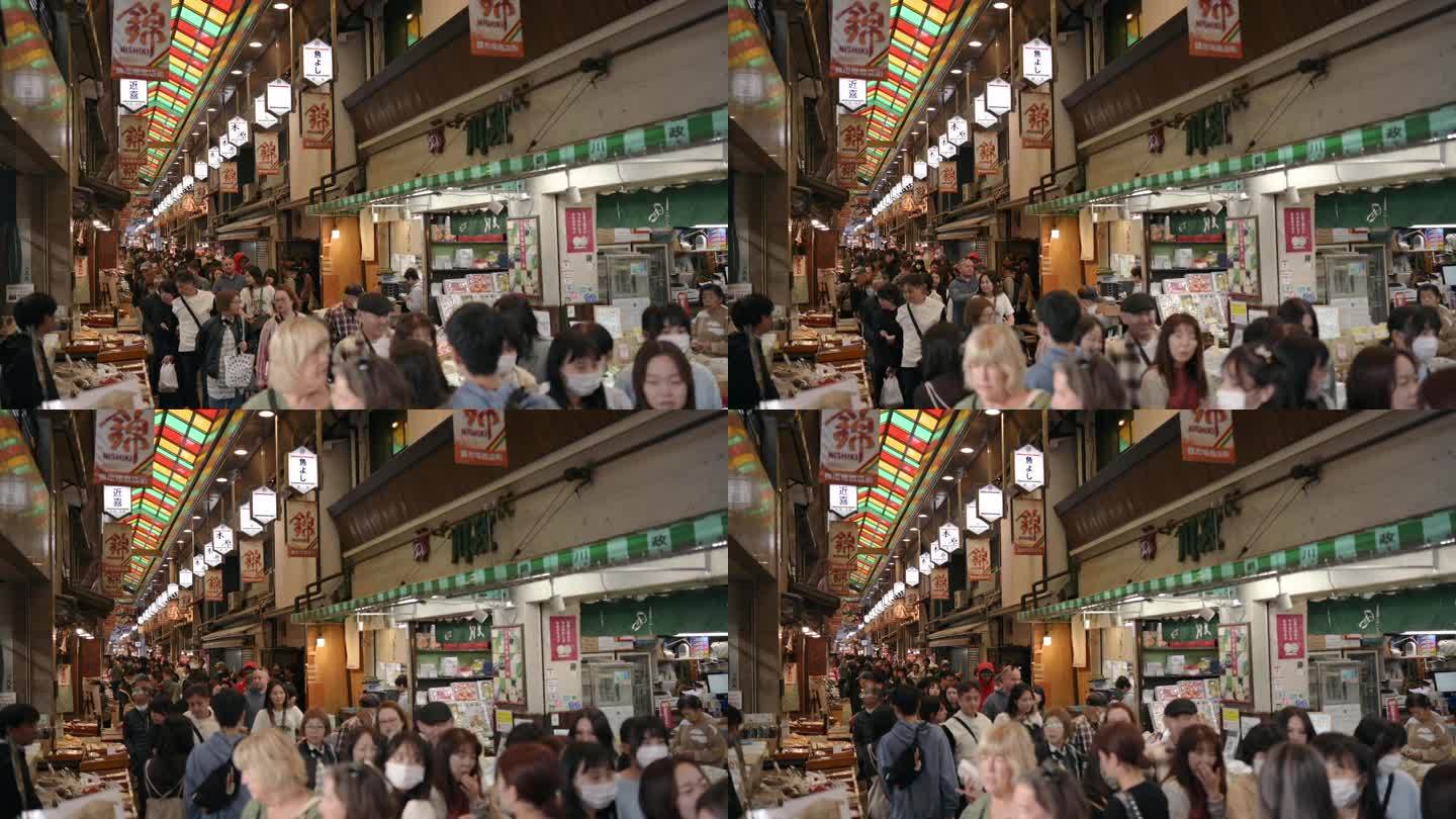 拥挤的人们在日本京都西城市场逛街