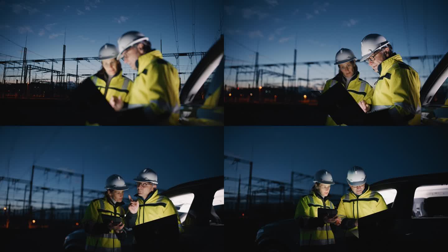 SLO - MO电气工程师在夜间黑暗的发电站边开车边讨论技术