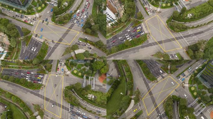 白天新加坡市中心交通街道十字路口空中俯瞰全景4k延时拍摄