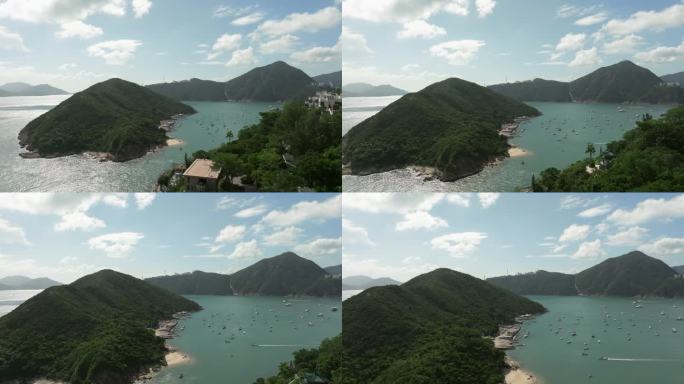 香港中岛及浅水湾，晴天停泊船只，海洋公园背景，热带假日，电影航拍镜头