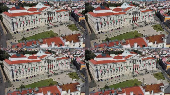 鸟瞰在葡萄牙首都里斯本，警察站在葡萄牙共和国议会大楼外铺着红地毯。