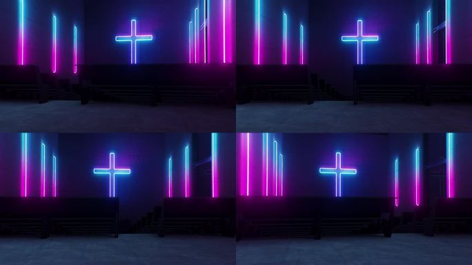教堂的墙上有一个明亮的霓虹灯基督教十字架。