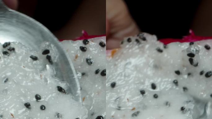 垂直视频。用勺子从火龙果中舀出白色的果肉，相机就在里面。多莉滑块极端特写。