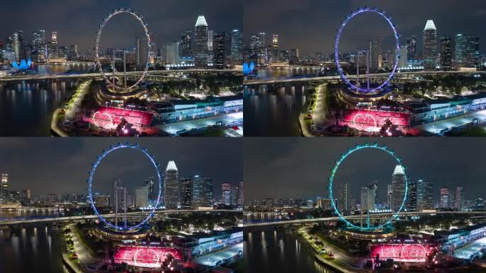 夜景新加坡城市著名摩天轮灯光秀湾航拍全景4k延时拍摄