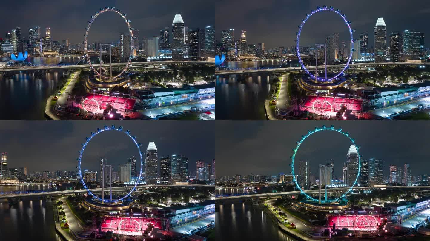 夜景新加坡城市著名摩天轮灯光秀湾航拍全景4k延时拍摄