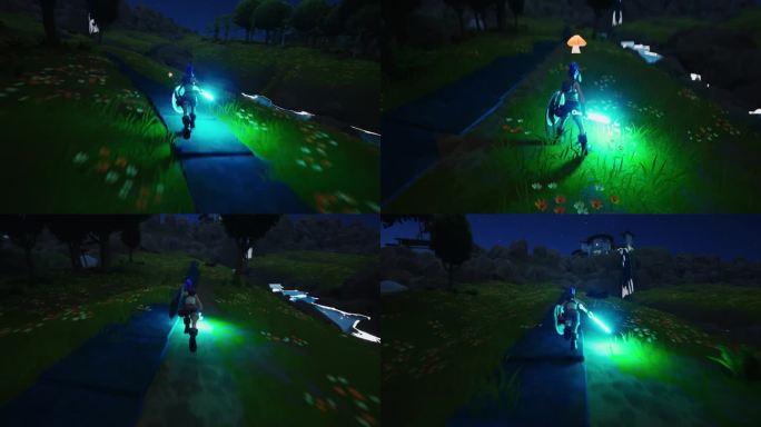 夜间视频游戏模型没有覆盖:可玩的角色在3D幻想角色扮演视频游戏。女英雄角色在冒险，跑步和探索环境，手