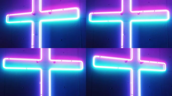 一个充满活力的霓虹灯基督教十字架闪耀在教堂的墙上。