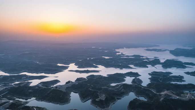 自然风光湖北丹江口水库日出航拍延时