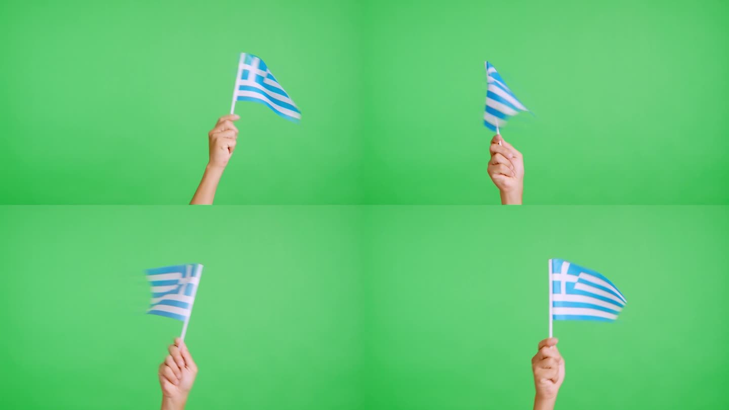 挥舞着希腊国旗三角旗的手