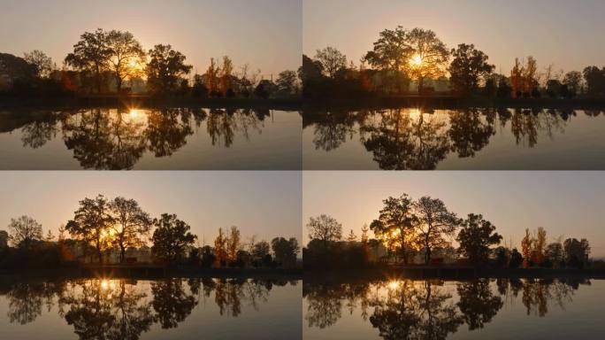 秋色下的晨曦 阳光洒在平静的湖面