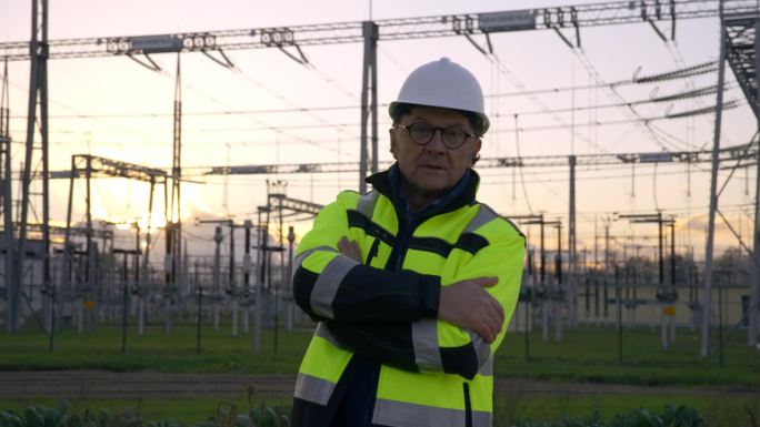 日落时分，严肃的男性电气工程师双臂交叉站在发电厂的肖像