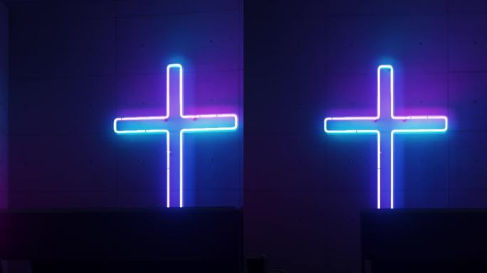 一个发光的霓虹灯基督教十字架装饰着教堂的墙壁，散发出充满活力的光芒。