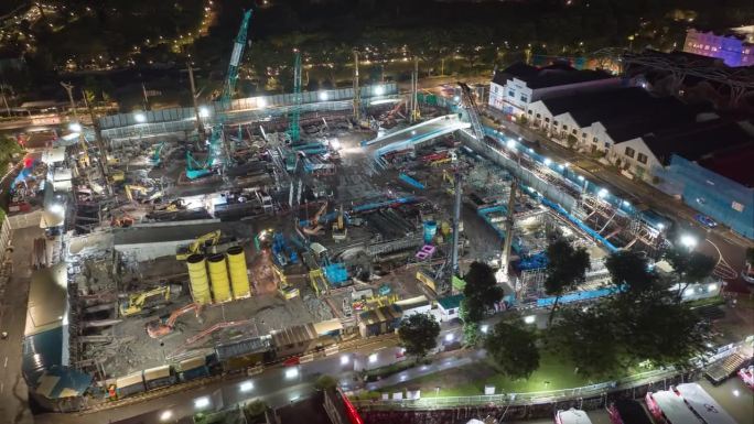 夜景照明新加坡市中心施工场地航拍全景4k延时拍摄