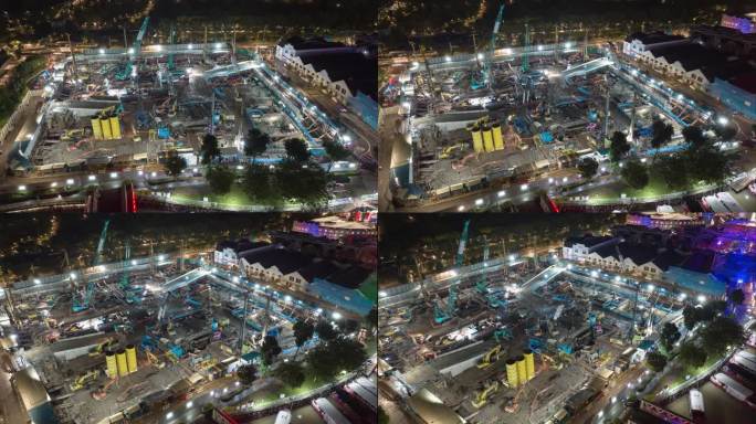 夜景照明新加坡市中心施工场地航拍全景4k延时拍摄