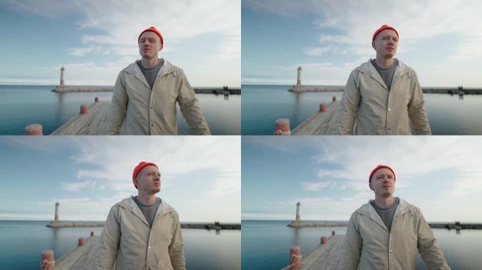 自信的年轻男子独自走在旧港的木制码头上的中型肖像照