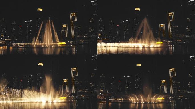 迪拜喷泉的慢镜头夜色夜晚灯光
