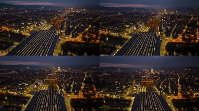 日落天空夜晚照明苏黎世市火车站铁路交通航拍全景延时4k瑞士