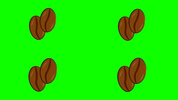绿色背景的卡通风格的动画咖啡豆，2d动画，甜美。