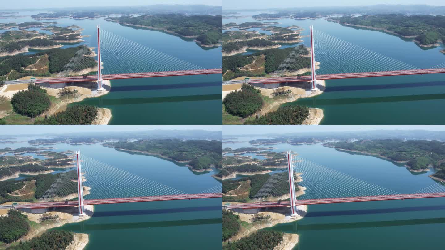 4K湖北丹江口特大桥基建车流航拍视频