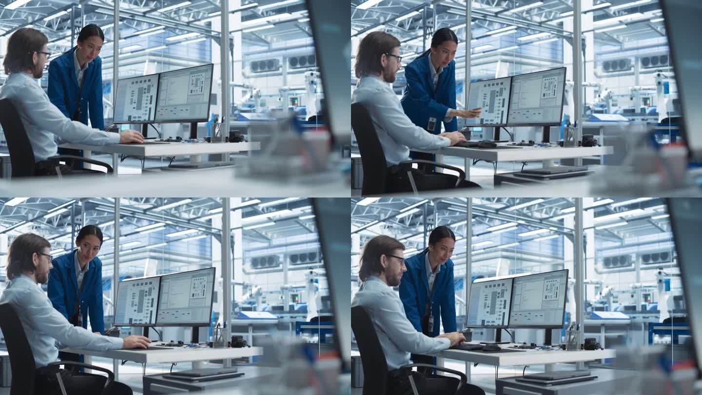 一名年轻的男性工程师和一名亚洲团队负责人的肖像，他们在一个工厂里用电脑合作一个项目，为科技产业生产现