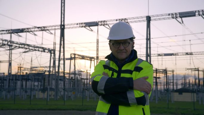 日落时分，自信的男性电气工程师双臂交叉站在发电站。在一个充满自信的慢镜头中，一位男性电气工程师双臂交