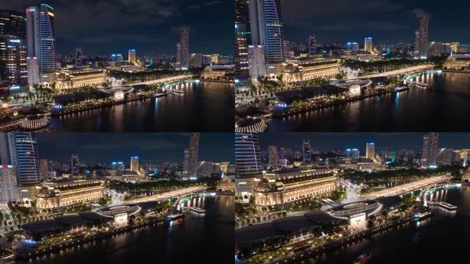 夜光新加坡市中心著名的市中心码头交通湾航拍全景4k延时拍摄