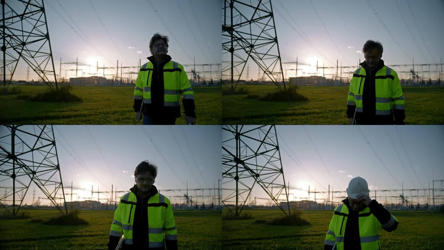 日落时分戴着安全帽穿过发电站的成熟男工程师