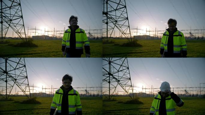日落时分戴着安全帽穿过发电站的成熟男工程师