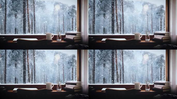 在一个温暖舒适的房间里，可以看到白雪覆盖的树林里的白色圣诞节和窗外白雪皑皑的冬季风景
