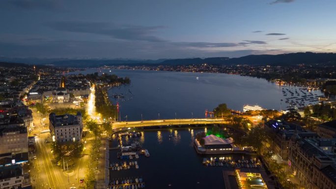 日落天空夜晚照明苏黎世市中心湖滨航拍全景延时4k瑞士
