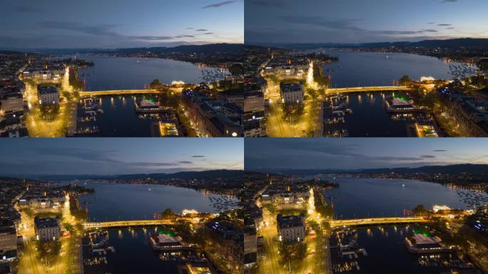 日落天空夜晚照明苏黎世市中心湖滨航拍全景延时4k瑞士