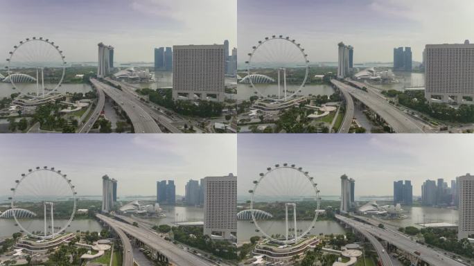 阳光明媚的一天，飞行在新加坡市中心著名的滨海湾轮交通道路航拍全景4k延时拍摄