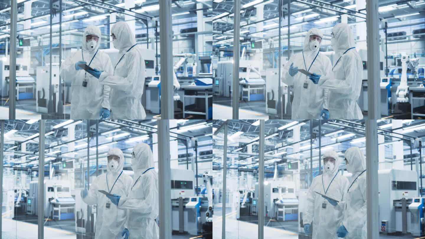 工业科学家在生产工厂穿着一次性防护服、口罩和护目镜。专家使用平板电脑，分析工作场所的潜在危害和污染