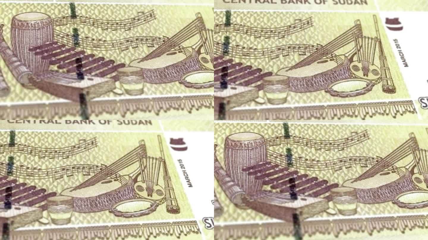 苏丹苏丹镑2钞票，两个苏丹镑，苏丹镑的特写和宏观视图，跟踪和多莉拍摄2苏丹镑钞票观察和储备方面，苏丹