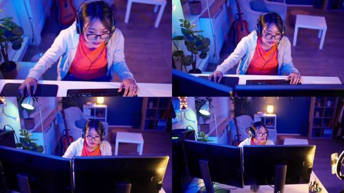 亚洲女性玩家，在PC上玩视频游戏时直播自己