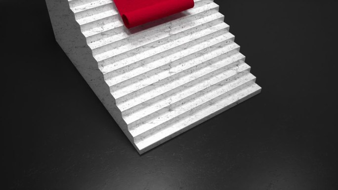 大理石楼梯和黑色地板上铺着优雅的3D红地毯。白色大理石台阶上铺着红色天鹅绒地毯。抽象的背景。颁奖典礼