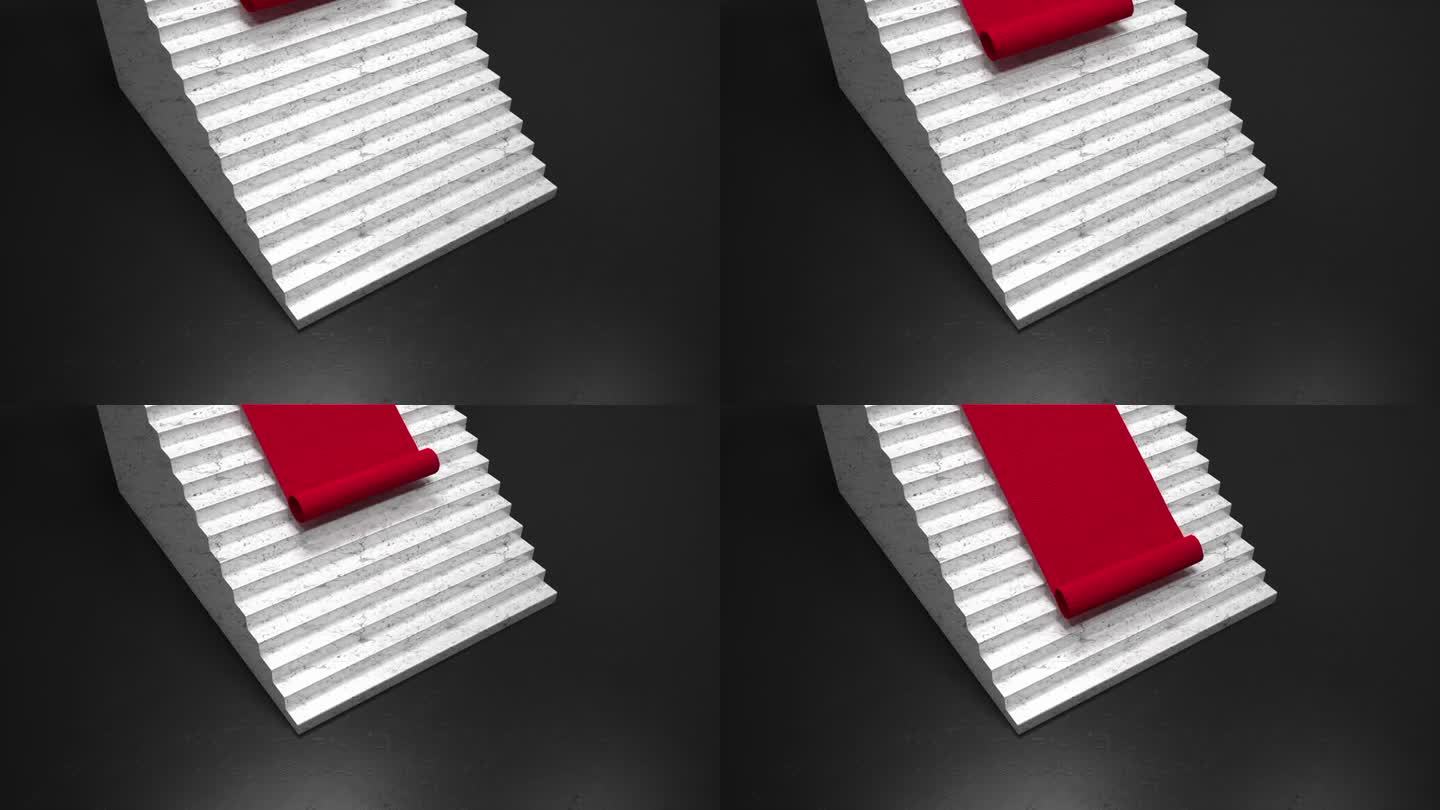 大理石楼梯和黑色地板上铺着优雅的3D红地毯。白色大理石台阶上铺着红色天鹅绒地毯。抽象的背景。颁奖典礼