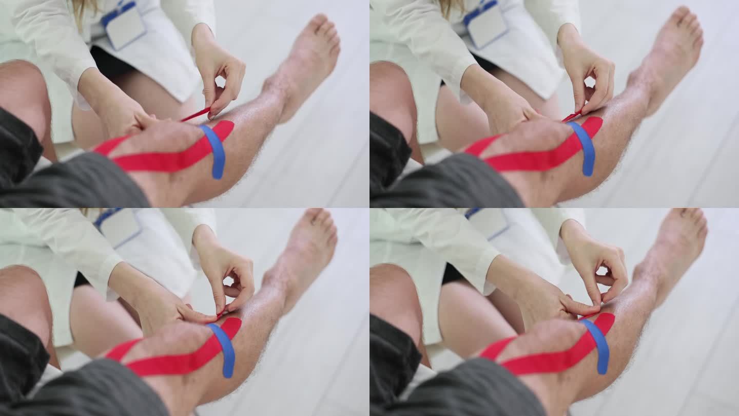 理疗师将运动肌贴贴在病人膝盖上