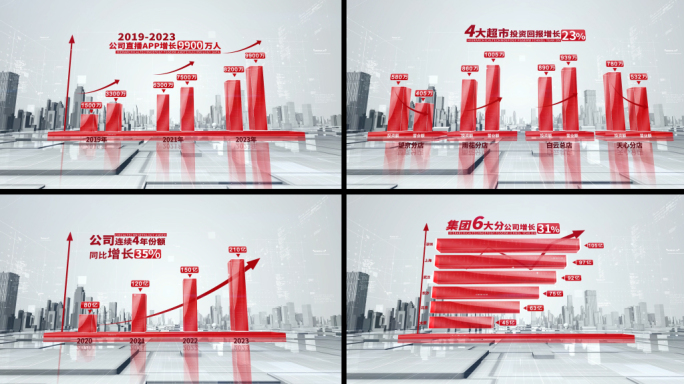 红色简洁科技三维城市企业数据柱状图展示