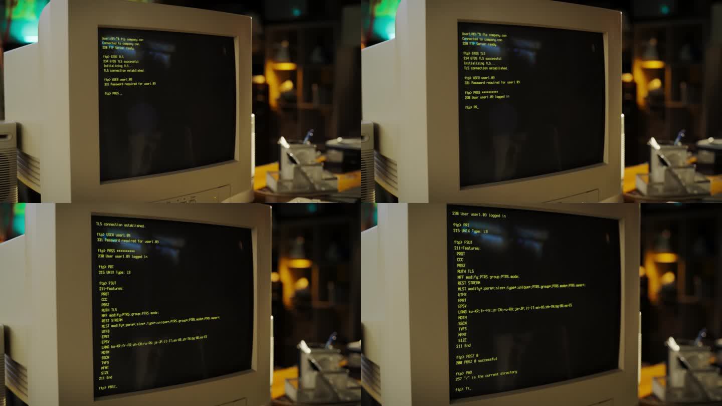 在复古车库的软件开发人员的办公桌上的旧台式电脑的特写镜头。日期PC已打开操作系统终端，屏幕上提示运行